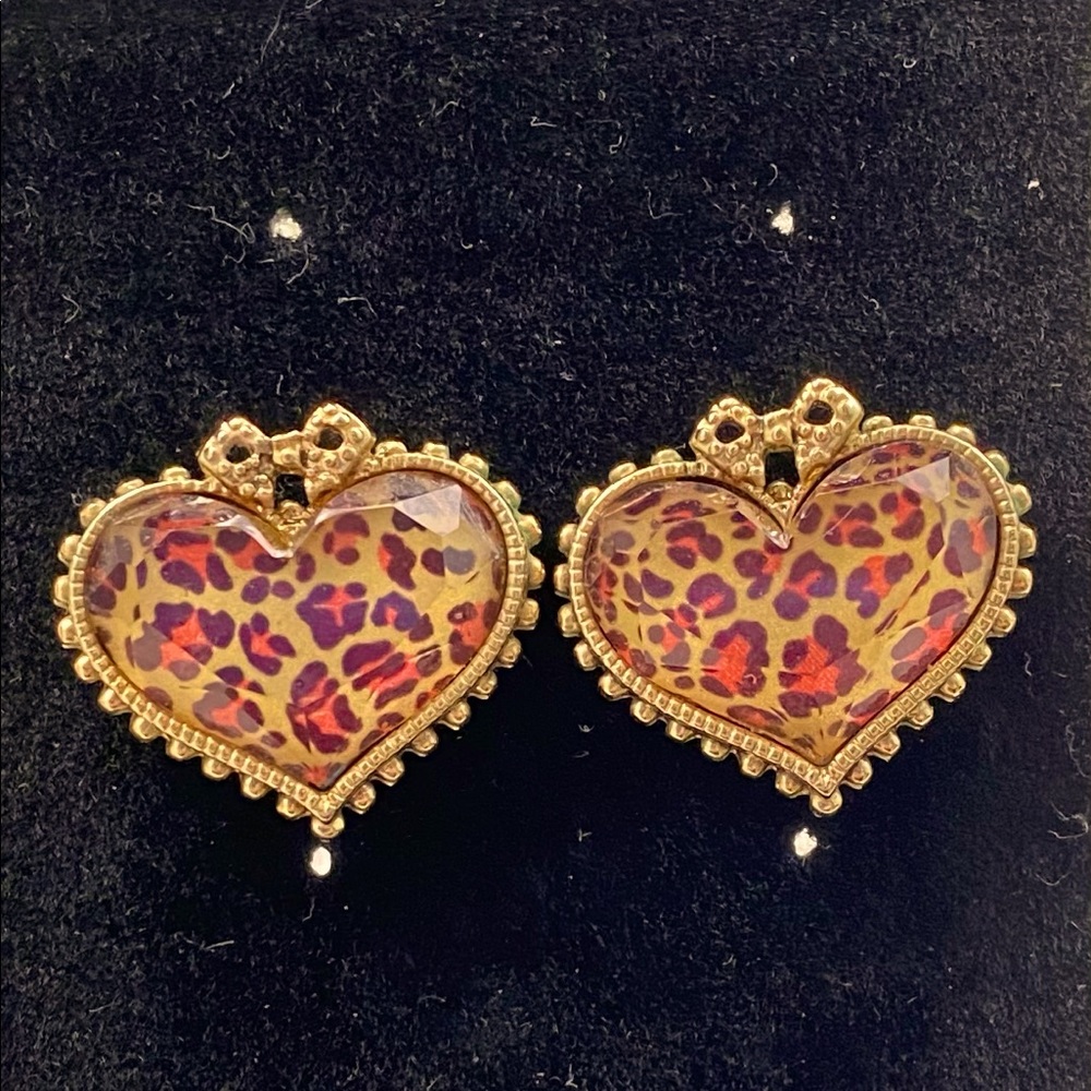 Betsey Johnson Leopard print Heart Earrings